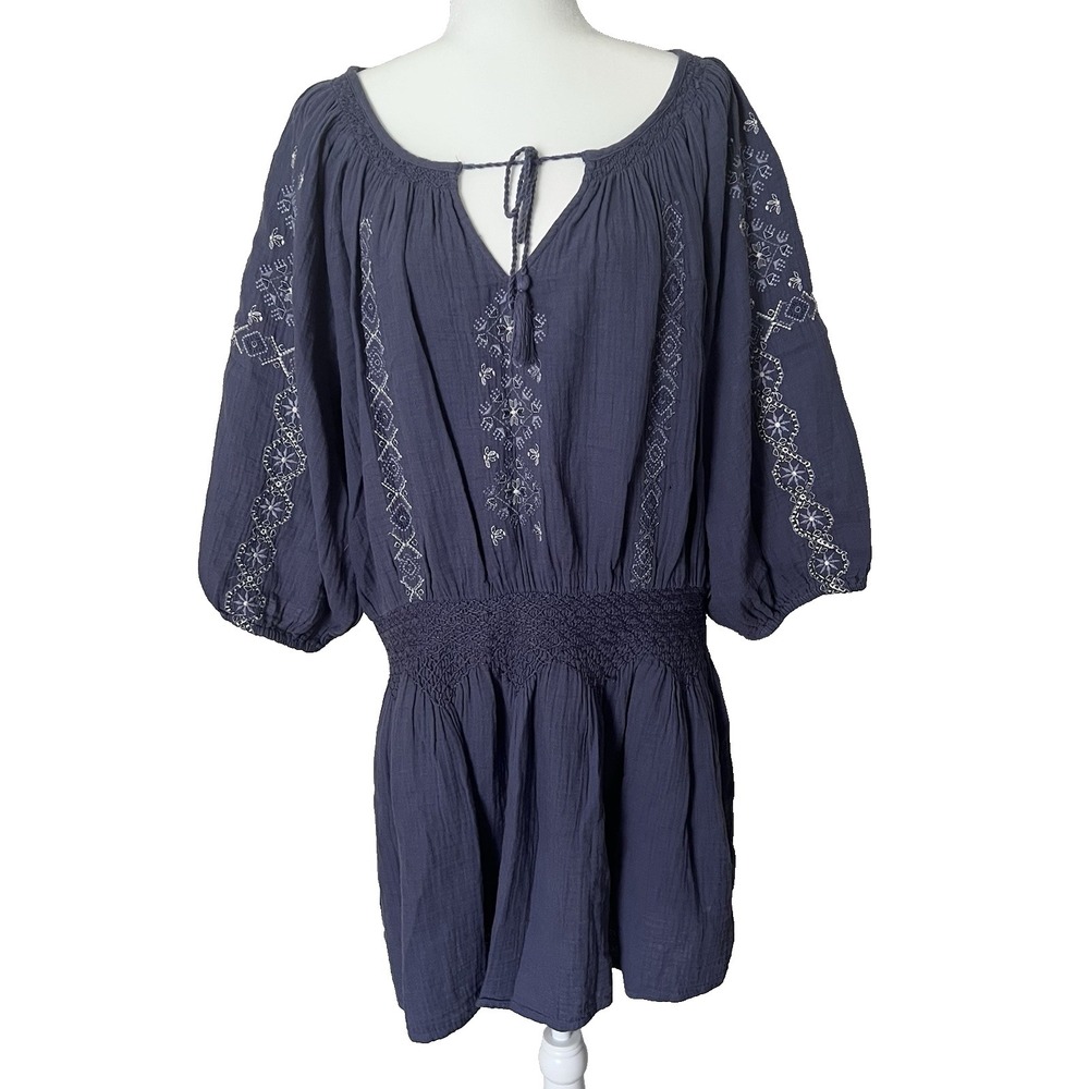 Lucky Brand Cotton Blue Nightshade Embroidered Boho 3/4 Sleeve Dress Size XL